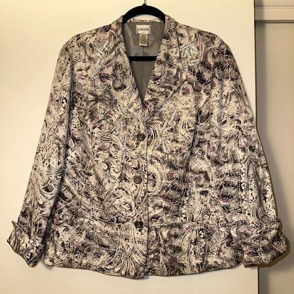 Chicos XL (Sz 3) Silk Blend Blazer Jacket White Black Purple Abstract Womens EUC - Picture 1 of 12